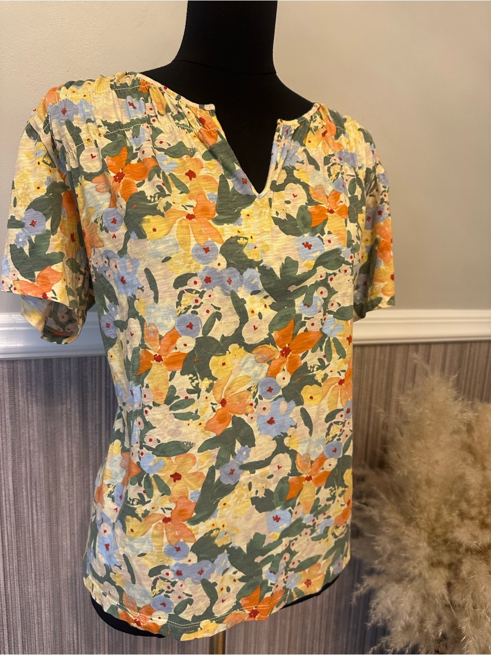 L.L.Bean XL Floral Short Sleeve Slub Knit Tee Top Cottagecore Garden Print - Picture 2 of 6